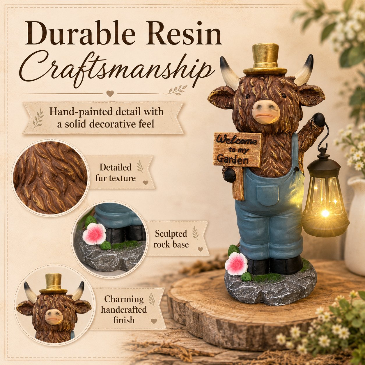 🔥Limited Edition, Only 100 Sets Left! - Handcrafted Highland Cow Solar Garden Lantern Statue