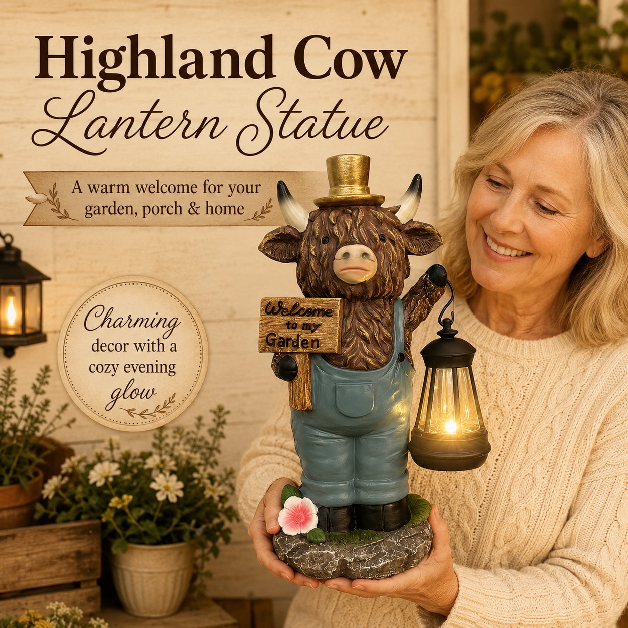 🔥Limited Edition, Only 100 Sets Left! - Handcrafted Highland Cow Solar Garden Lantern Statue