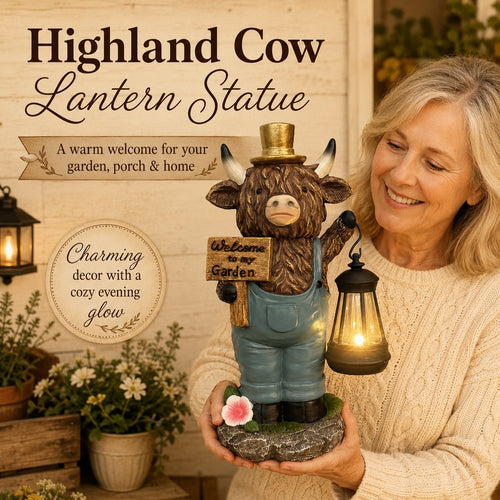 🔥Limited Edition, Only 100 Sets Left! - Handcrafted Highland Cow Solar Garden Lantern Statue