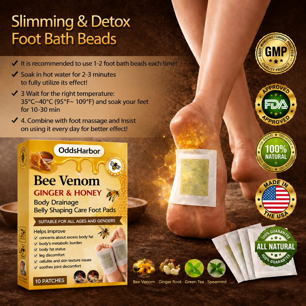 🏆 50K+ SOLD! 🌿Bee Venom Ginger Herbal Foot Patches (Set of 10)