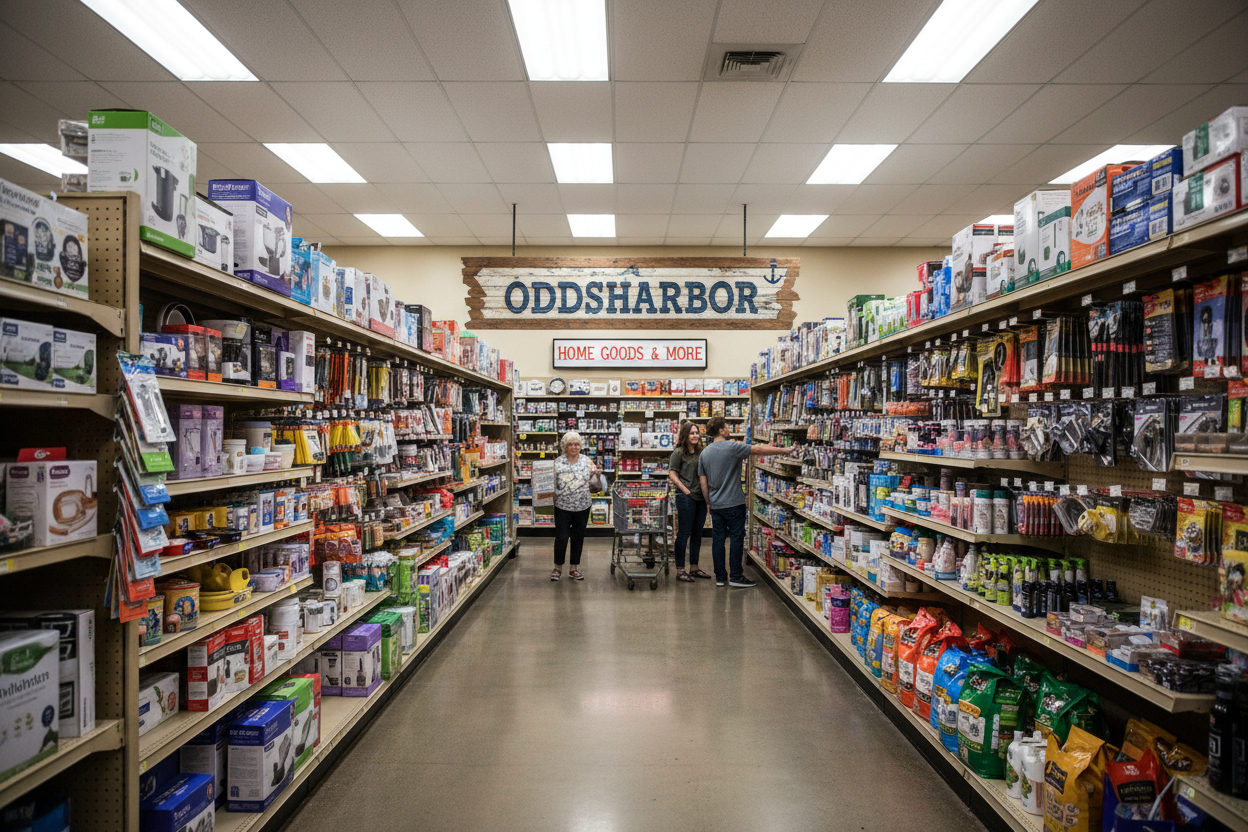 我是做美国百货独立站的，请你给我生成一张能体现出美国当地线下百货普货商店的环境，要求为真实拍照效果，不要加任何滤镜ai效果，并且能体现出我的店铺名字OddsHarbor