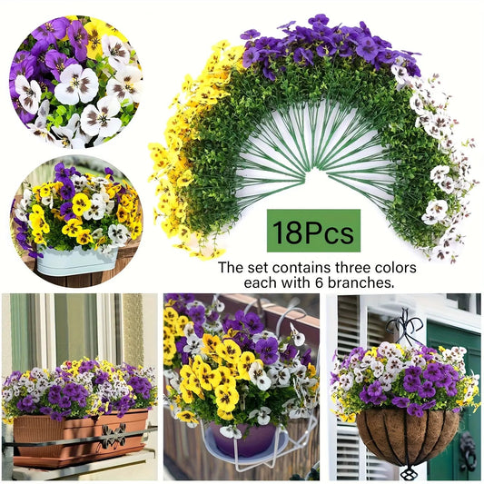 18 Bundles Of 12.56-inch Artificial Tricolor Violet Flowers, Suitable For Outdoor Use, Imitating UV Resistant Tricolor Violet Flowers, Suitable For Outdoor Flower Pots, Front Doors, Porches, Courtyards, Terraces, Windowsills, And Home Decoration