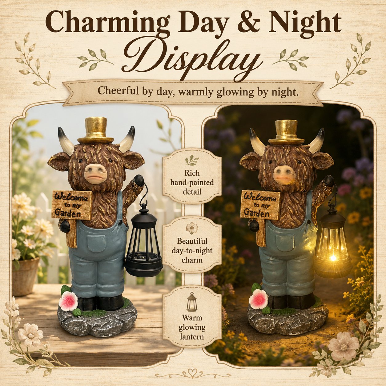 🔥Limited Edition, Only 100 Sets Left! - Handcrafted Highland Cow Solar Garden Lantern Statue